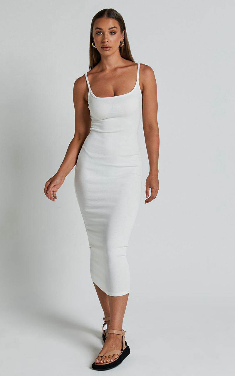 Showpo Reyneth Midi Dress - Low Back Bodycon Rib Dress Off White | HQCJTD328