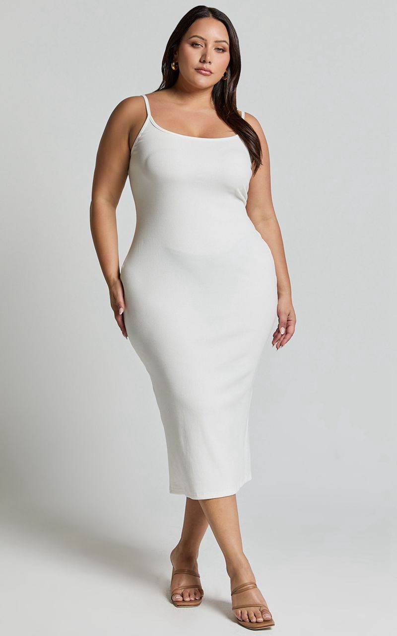 Showpo Reyneth Midi Dress - Low Back Bodycon Rib Dress Off White | HQCJTD328