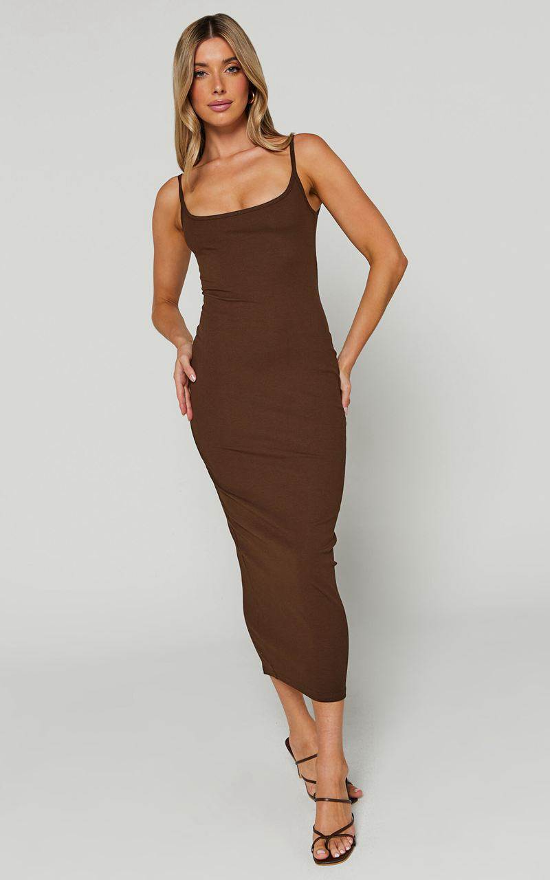 Showpo Reyneth Midi Dress - Low Back Bodycon Rib Dress Chocolate | XGAFBJ137