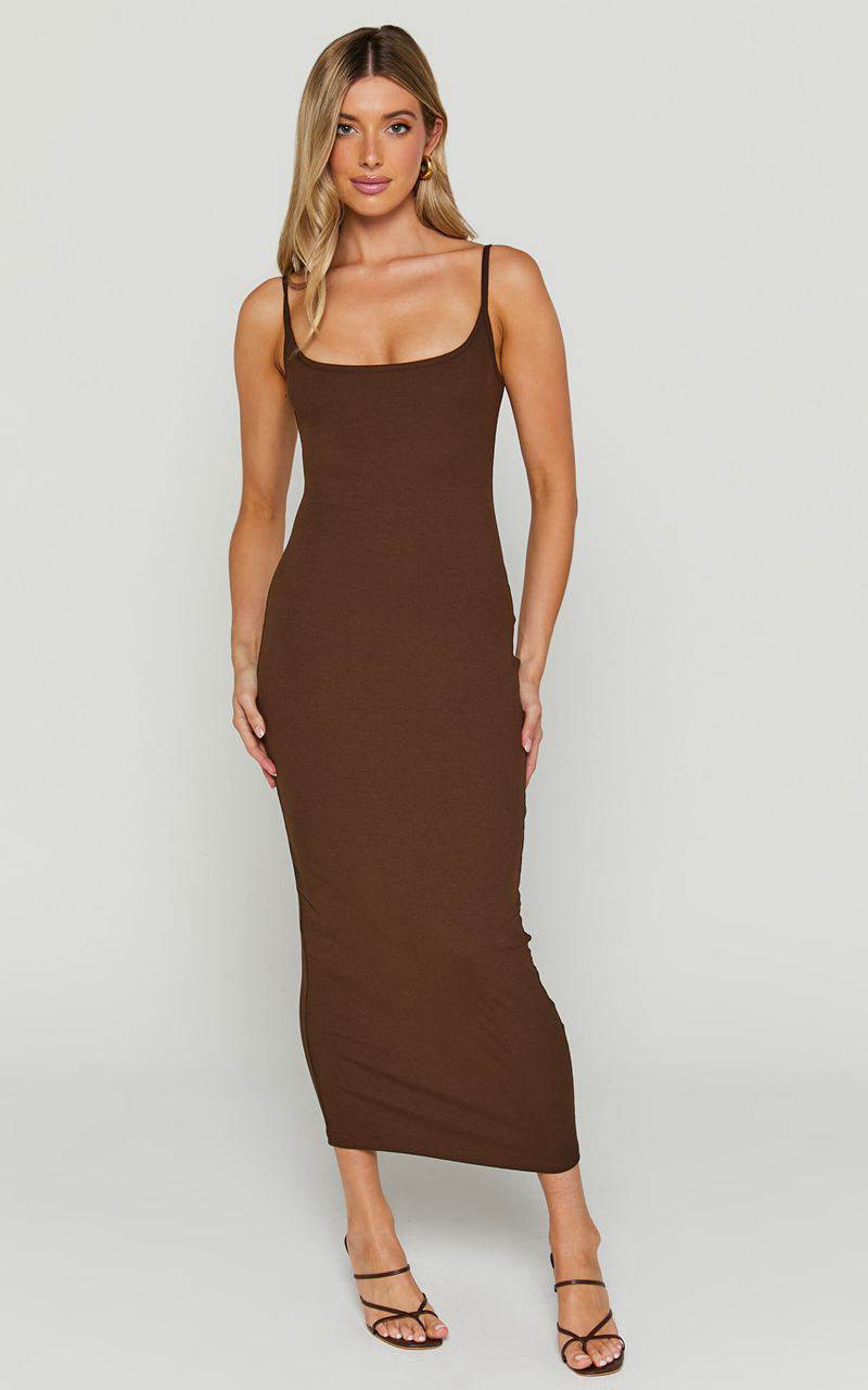 Showpo Reyneth Midi Dress - Low Back Bodycon Rib Dress Chocolate | XGAFBJ137