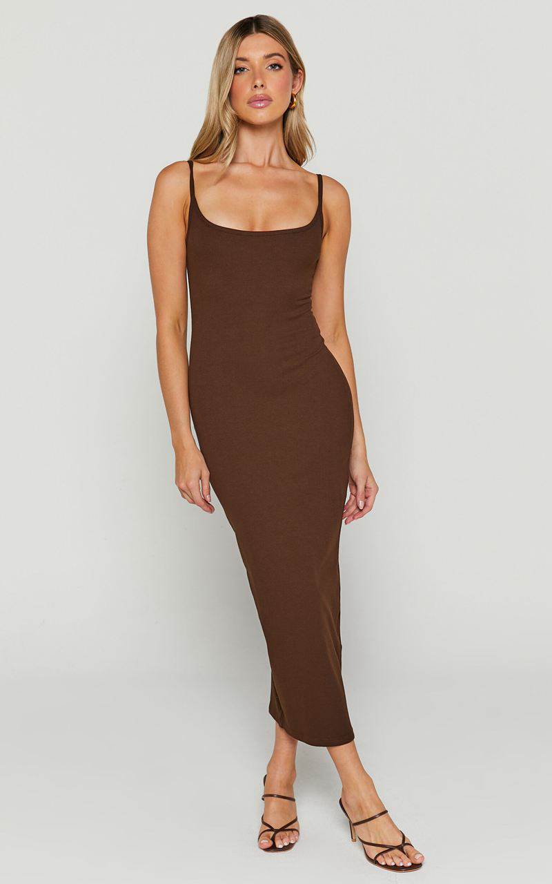 Showpo Reyneth Midi Dress - Low Back Bodycon Rib Dress Chocolate | XGAFBJ137