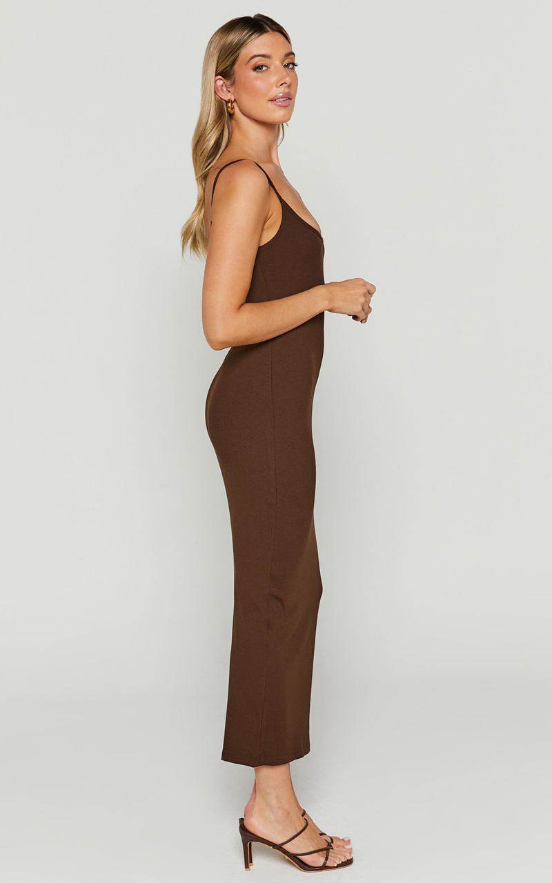 Showpo Reyneth Midi Dress - Low Back Bodycon Rib Dress Chocolate | XGAFBJ137