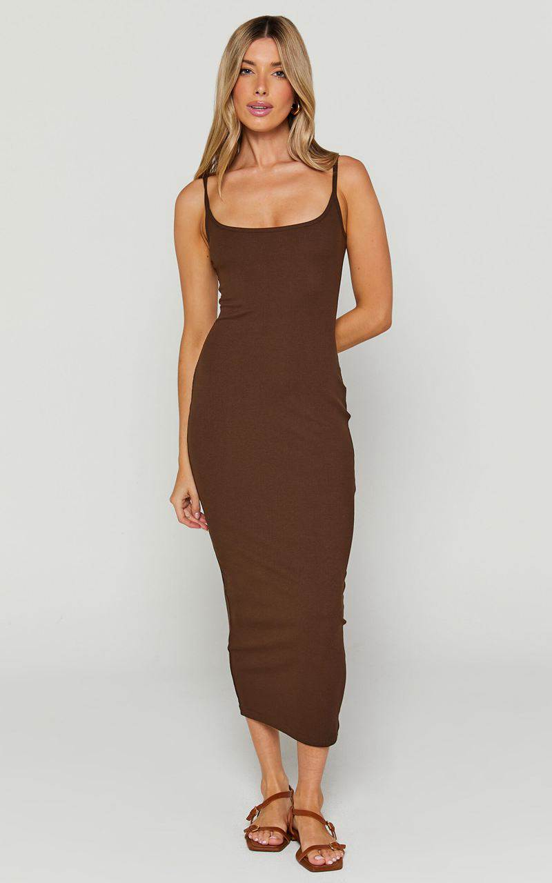 Showpo Reyneth Midi Dress - Low Back Bodycon Rib Dress Chocolate | XGAFBJ137