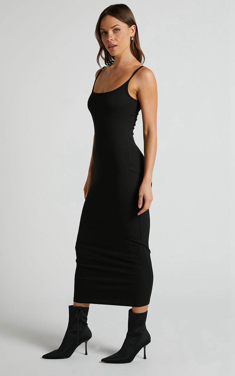 Showpo Reyneth Midi Dress - Low Back Bodycon Rib Dress Black | LHOFTD549