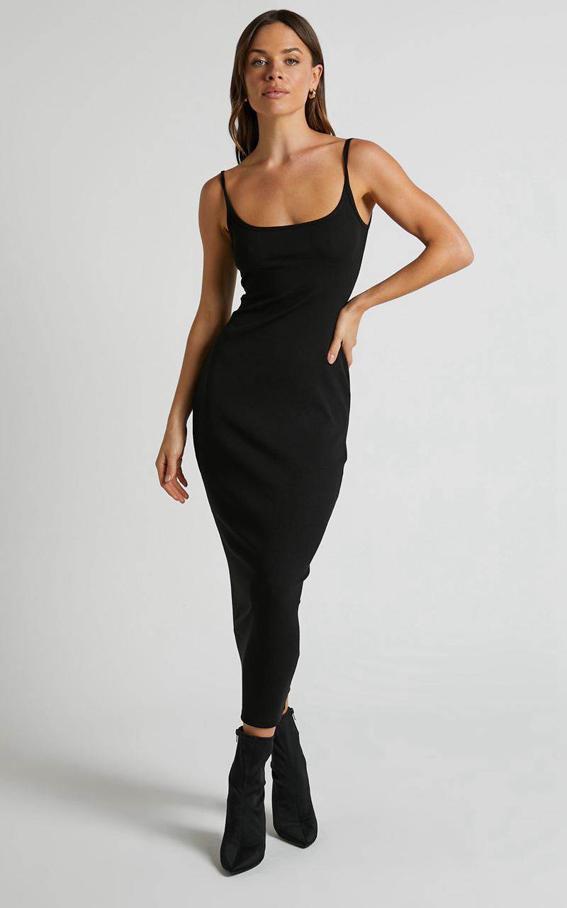 Showpo Reyneth Midi Dress - Low Back Bodycon Rib Dress Black | LHOFTD549