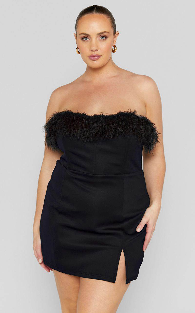 Showpo Rhaiza Mini Dress - Faux Feather Trim Strapless Dress Black | KLDMRN640