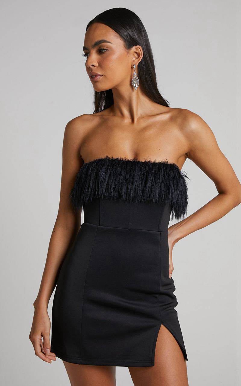 Showpo Rhaiza Mini Dress - Faux Feather Trim Strapless Dress Black | KLDMRN640