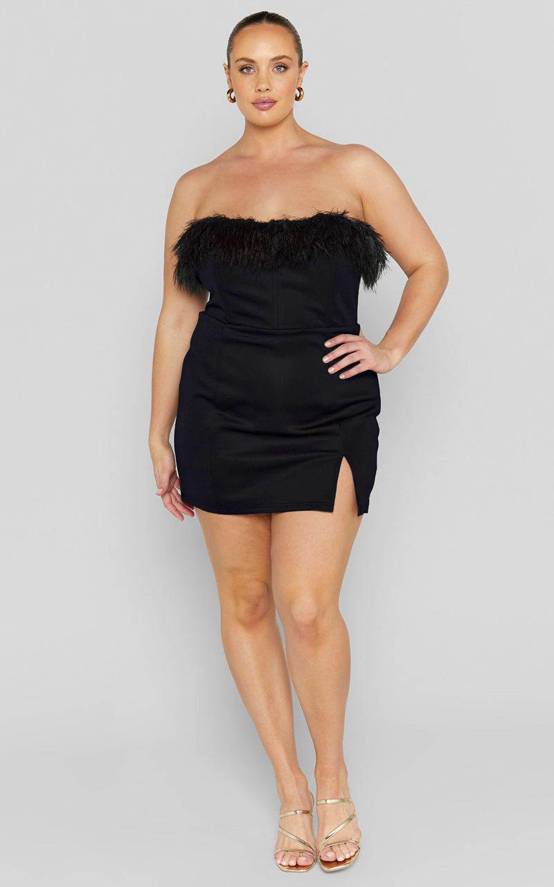 Showpo Rhaiza Mini Dress - Faux Feather Trim Strapless Dress Black | KLDMRN640