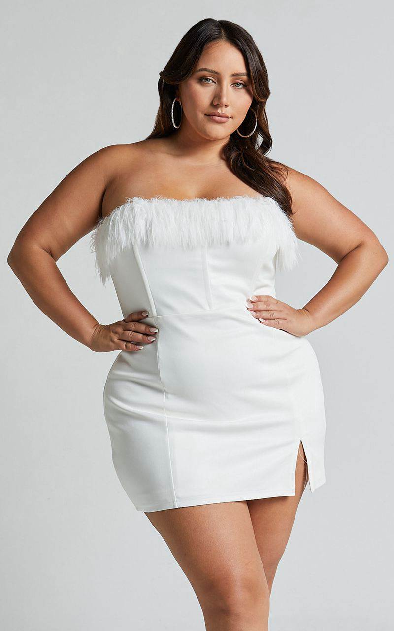 Showpo Rhaiza Mini Dress - Faux Feather Trim Strapless Dress White | LSARGJ839