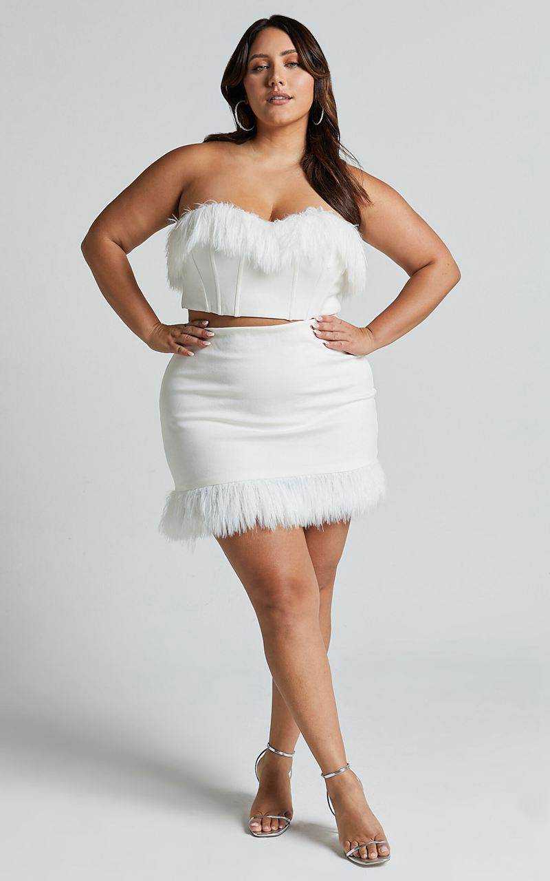 Showpo Rhaiza Mini Skirt - Faux Feather Trim High Waisted Skirt White | GKJZUD684