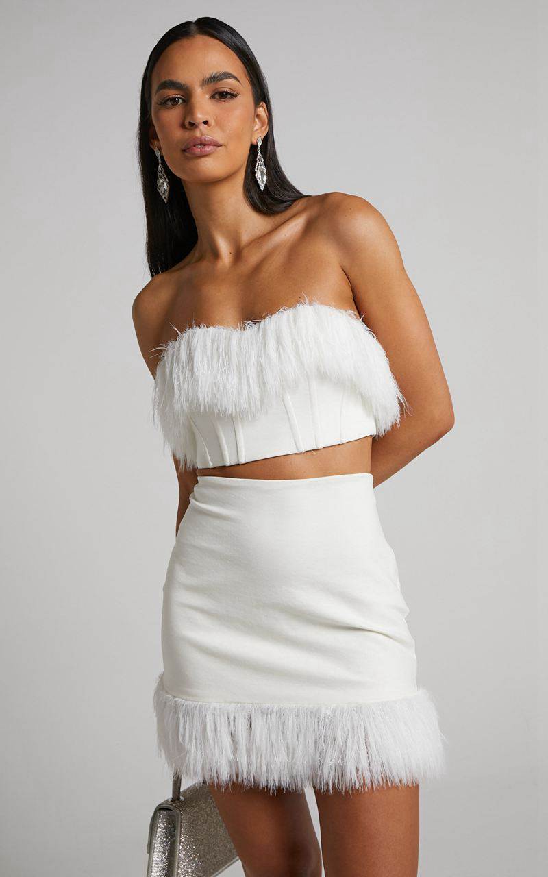 Showpo Rhaiza Mini Skirt - Faux Feather Trim High Waisted Skirt White | GKJZUD684