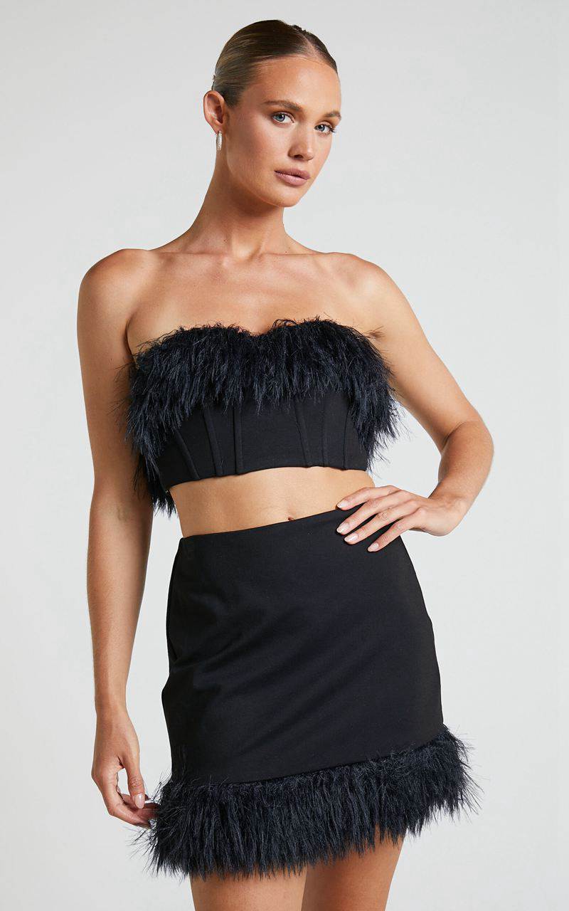 Showpo Rhaiza Mini Skirt - Faux Feather Trim High Waisted Skirt Black | NIFMUB650