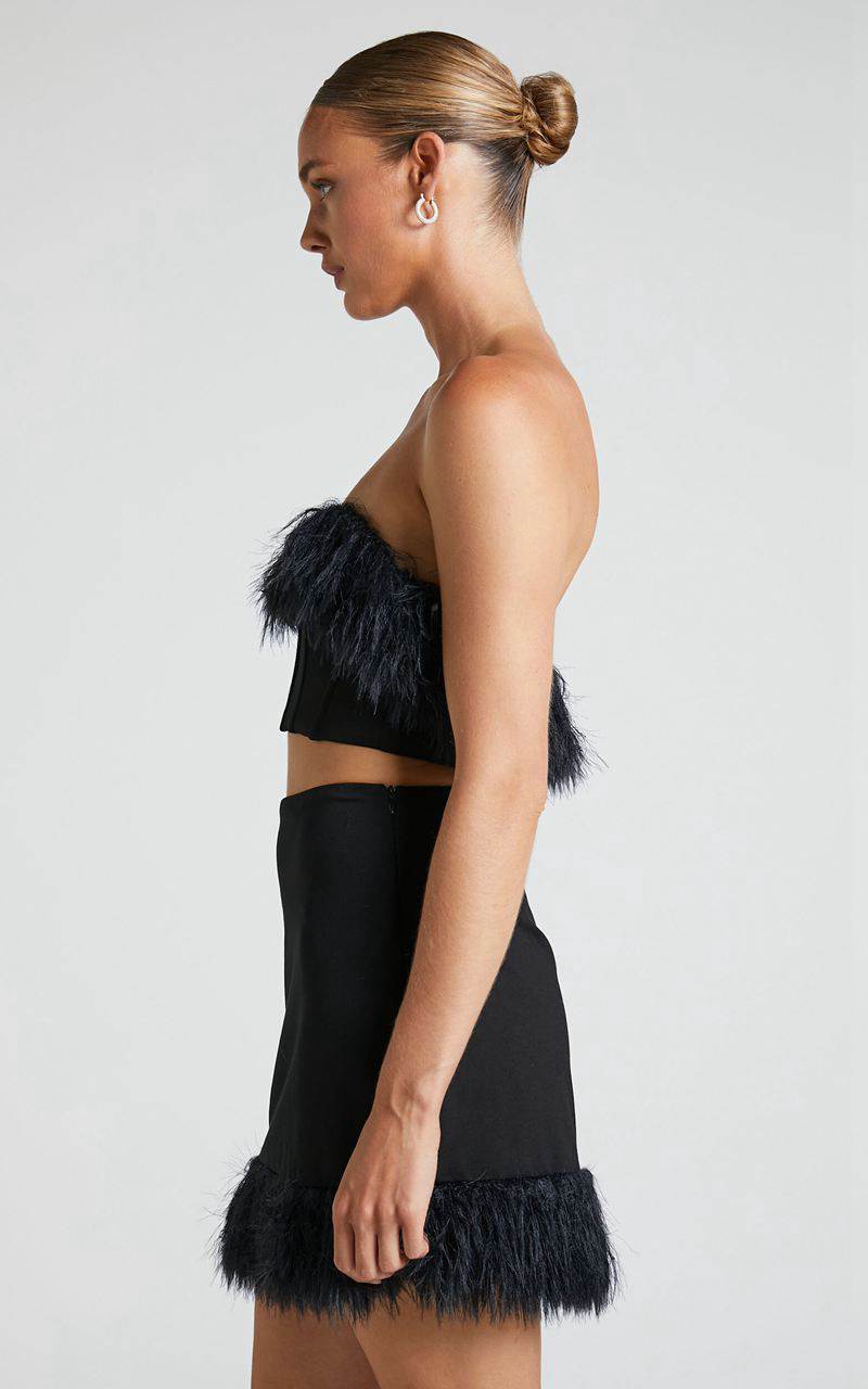 Showpo Rhaiza Mini Skirt - Faux Feather Trim High Waisted Skirt Black | NIFMUB650