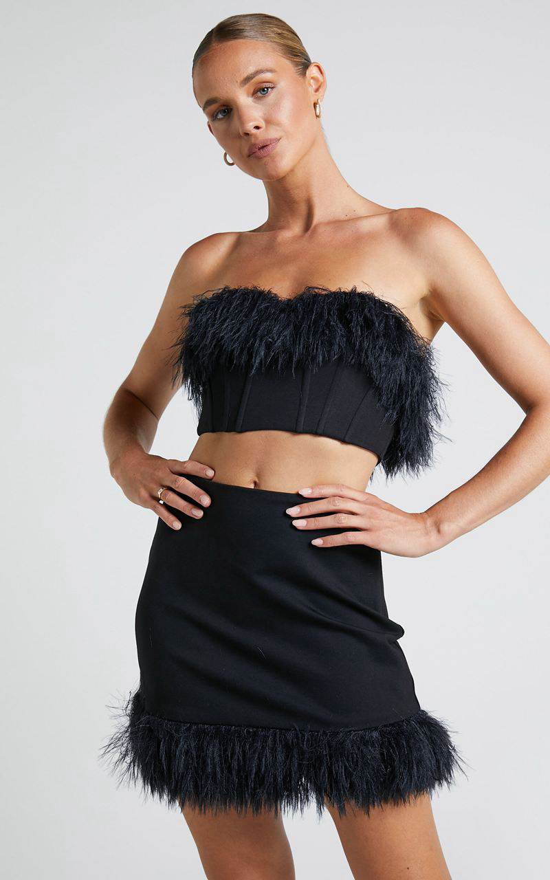 Showpo Rhaiza Mini Skirt - Faux Feather Trim High Waisted Skirt Black | NIFMUB650