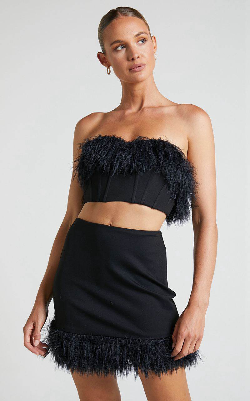 Showpo Rhaiza Mini Skirt - Faux Feather Trim High Waisted Skirt Black | NIFMUB650