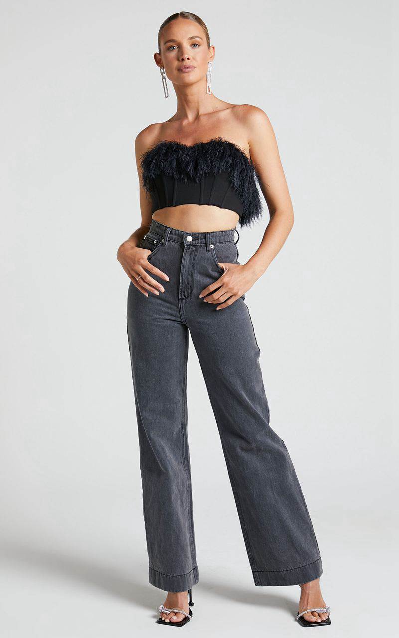 Showpo Rhaiza Top - Faux Feather Trim Strapless Sweetheart Crop Top Black | KHRWPV925