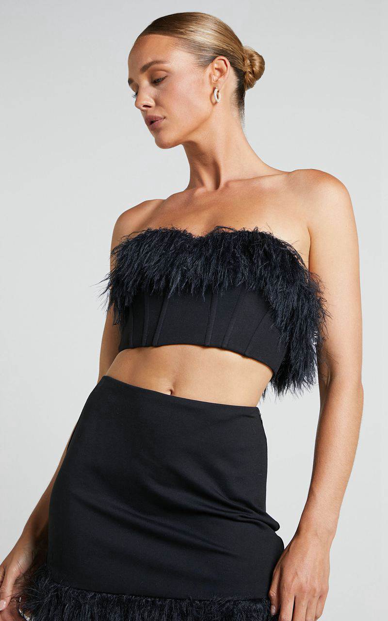 Showpo Rhaiza Top - Faux Feather Trim Strapless Sweetheart Crop Top Black | KHRWPV925