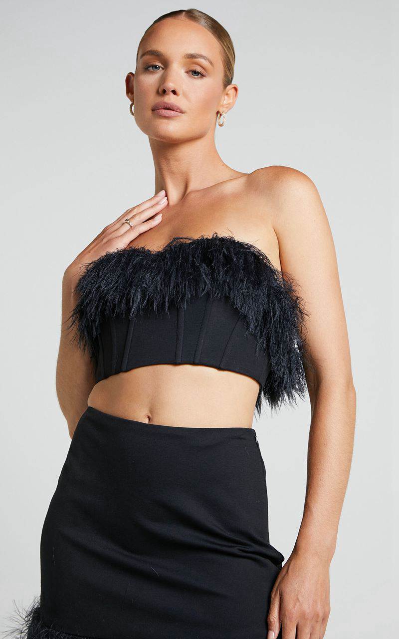 Showpo Rhaiza Top - Faux Feather Trim Strapless Sweetheart Crop Top Black | KHRWPV925