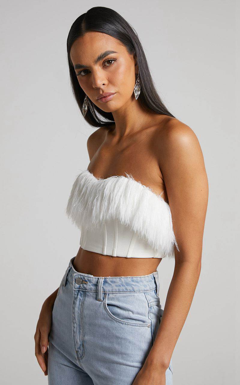 Showpo Rhaiza Top - Faux Feather Trim Strapless Sweetheart Crop Top White | CEIFNX281