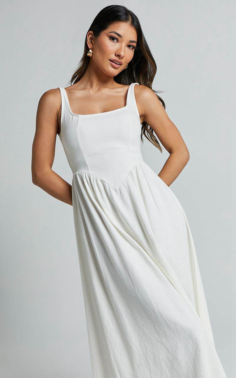 Showpo Rhaziya Midi Dress - Sleeveless Straight Neck Fit And Flare Dress White | KAGPWO735