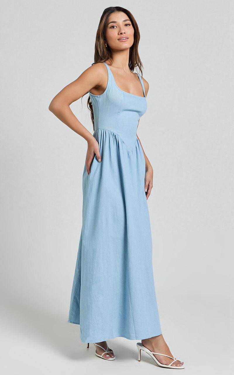 Showpo Rhaziya Midi Dress - Sleeveless Straight Neck Fit And Flare Dress Blue | UYRHQW780