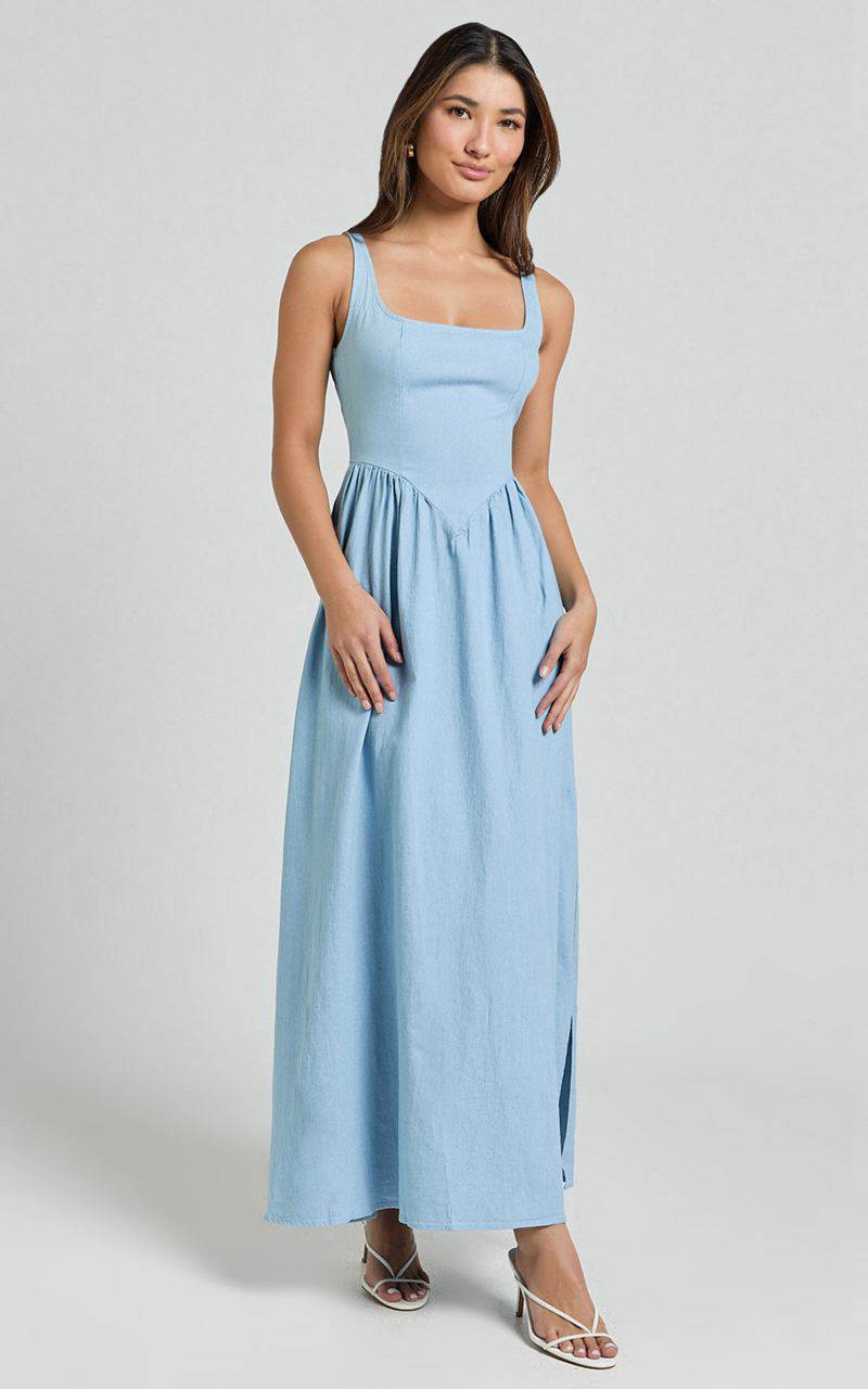 Showpo Rhaziya Midi Dress - Sleeveless Straight Neck Fit And Flare Dress Blue | UYRHQW780