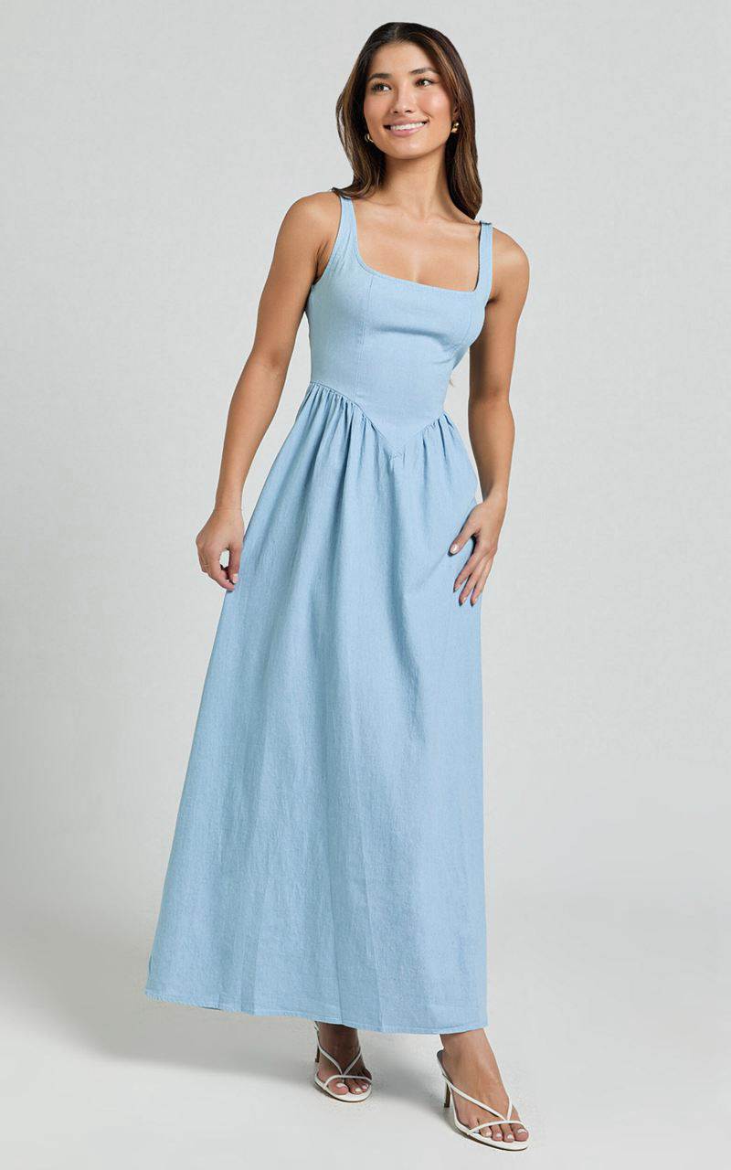 Showpo Rhaziya Midi Dress - Sleeveless Straight Neck Fit And Flare Dress Blue | UYRHQW780