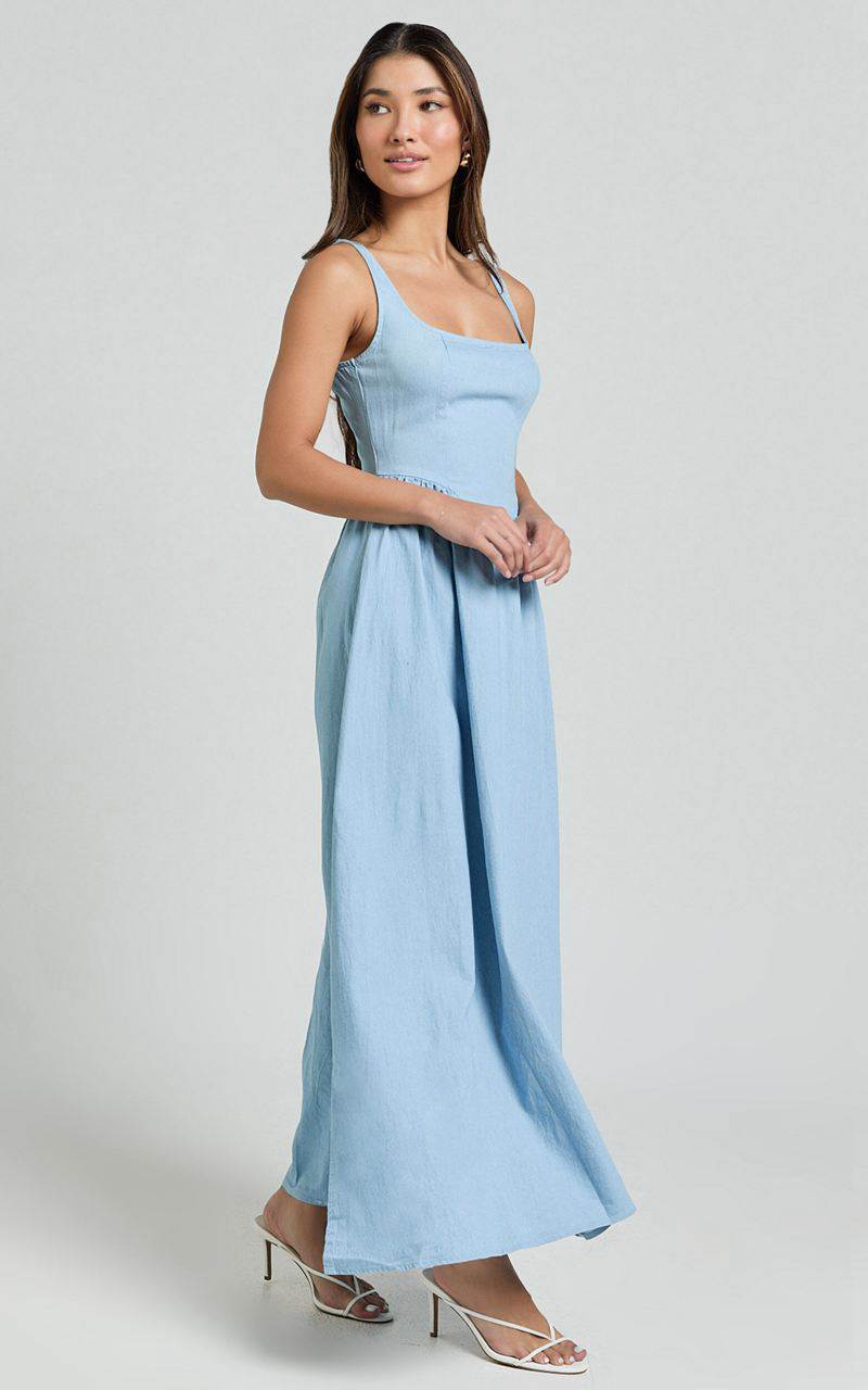 Showpo Rhaziya Midi Dress - Sleeveless Straight Neck Fit And Flare Dress Blue | UYRHQW780