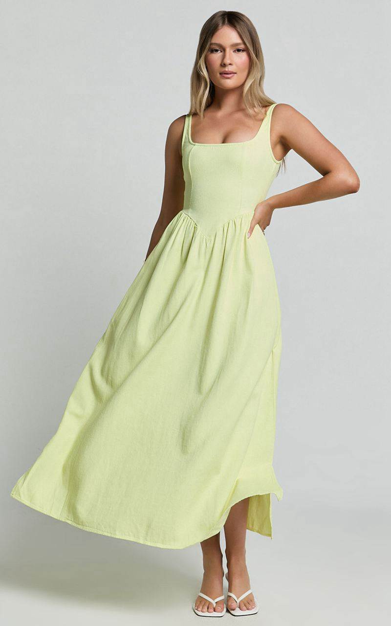 Showpo Rhaziya Midi Dress - Sleeveless Straight Neck Fit And Flare Dress Citrus | CUWAVY029