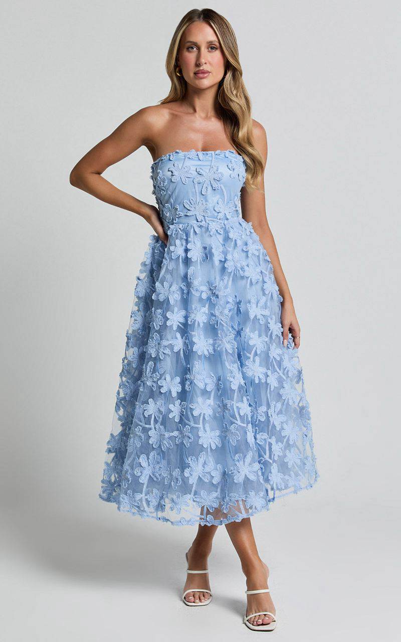 Showpo Rheiva Midi Dress - Strapless 3d Embroidery Midi Dress Soft Blue | BRCUTP902