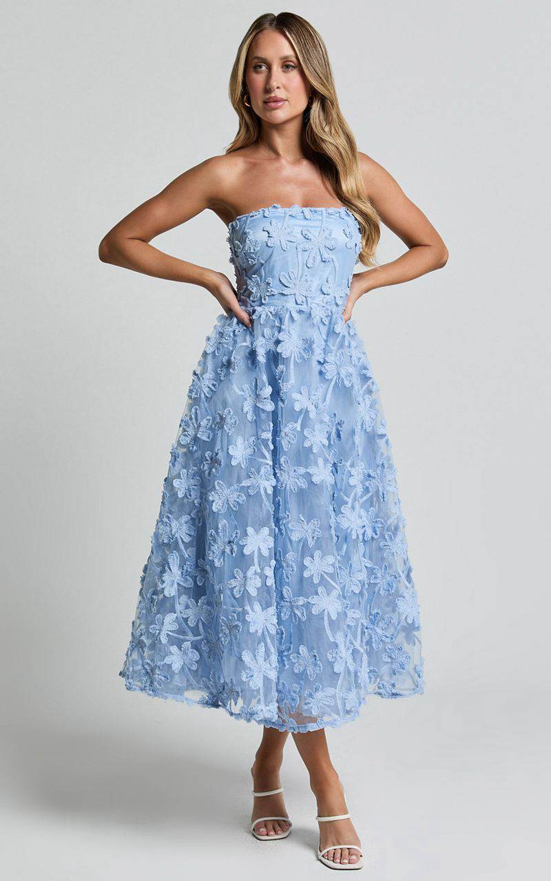 Showpo Rheiva Midi Dress - Strapless 3d Embroidery Midi Dress Soft Blue | BRCUTP902