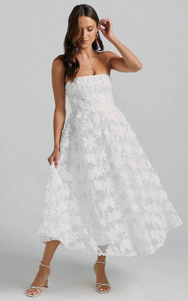 Showpo Rheiva Midi Dress - Strapless 3d Embroidery Midi Dress White | ROVXDI537