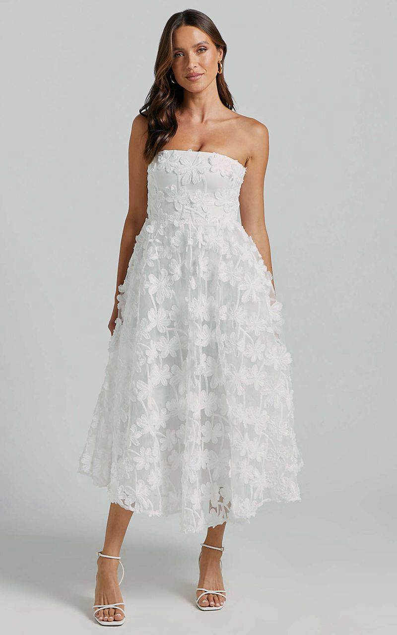 Showpo Rheiva Midi Dress - Strapless 3d Embroidery Midi Dress White | ROVXDI537