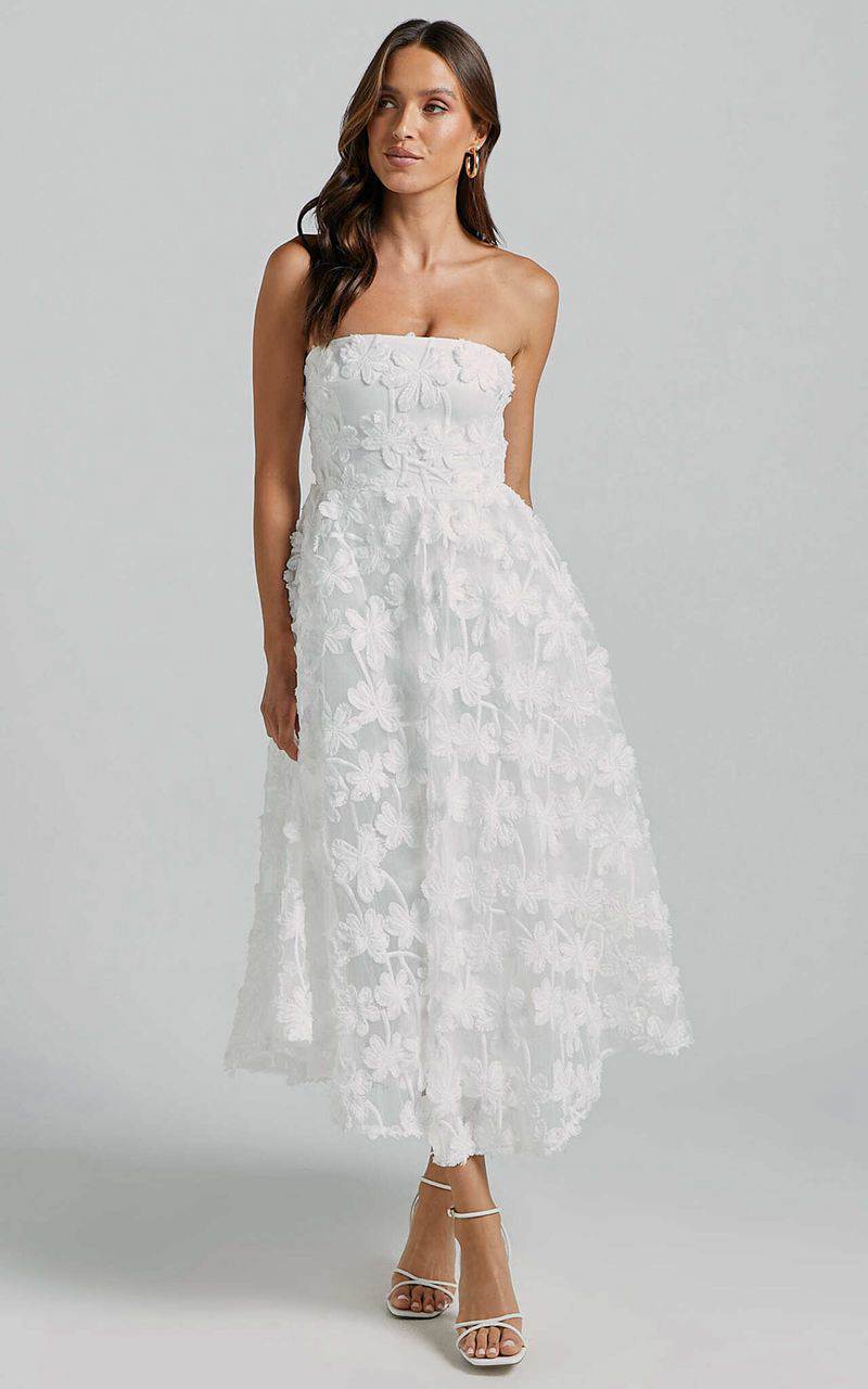 Showpo Rheiva Midi Dress - Strapless 3d Embroidery Midi Dress White | ROVXDI537