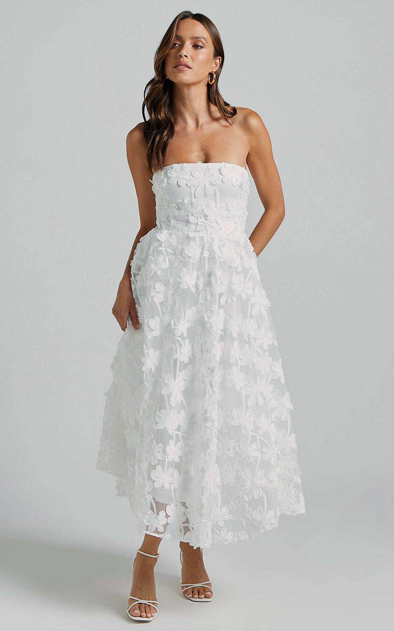 Showpo Rheiva Midi Dress - Strapless 3d Embroidery Midi Dress White | ROVXDI537