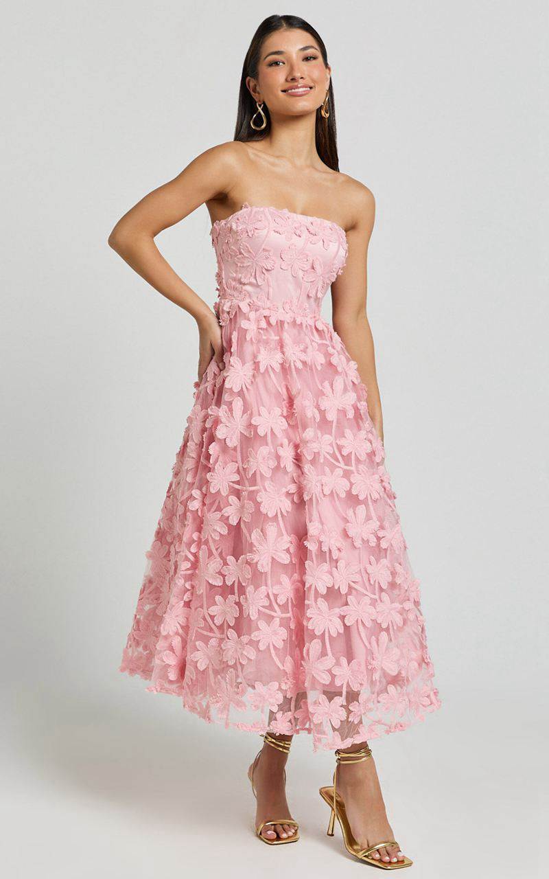 Showpo Rheiva Midi Dress - Strapless 3d Embroidery Midi Dress Soft Pink | HYRWFD493