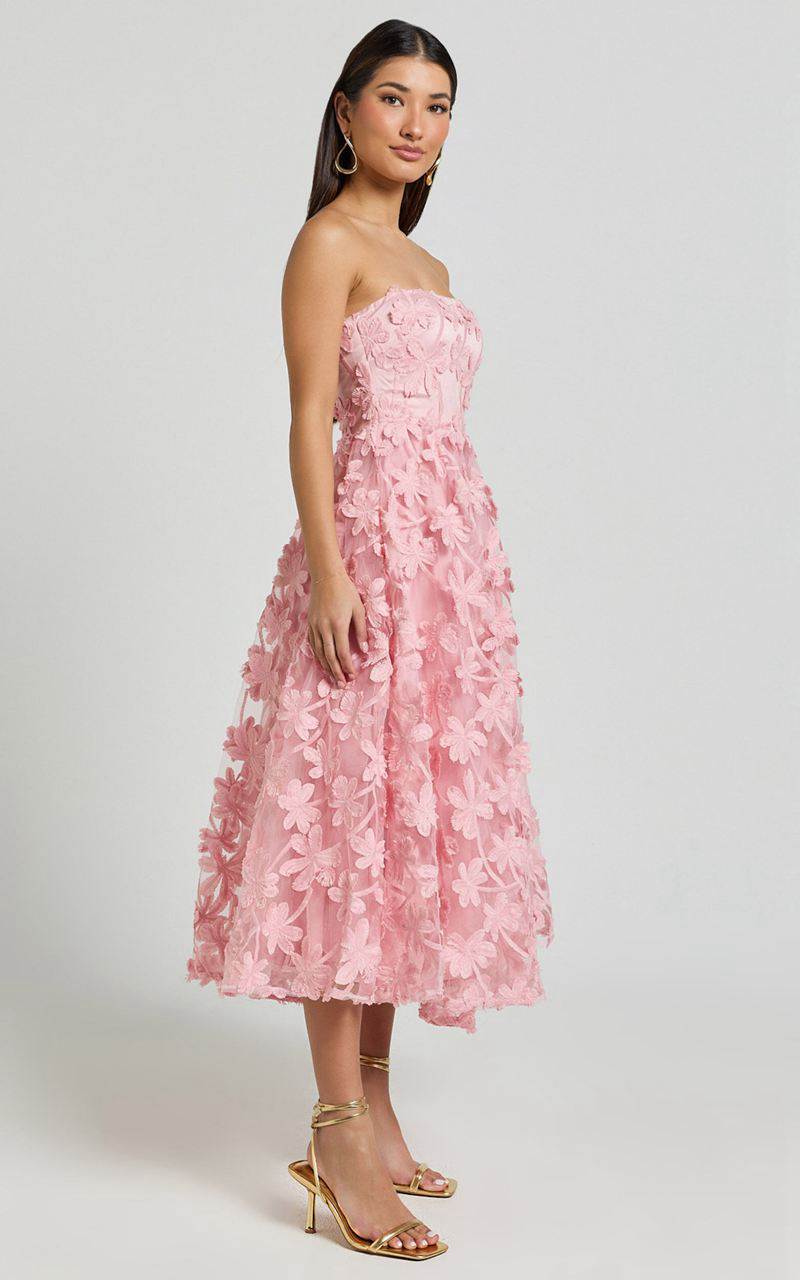 Showpo Rheiva Midi Dress - Strapless 3d Embroidery Midi Dress Soft Pink | HYRWFD493