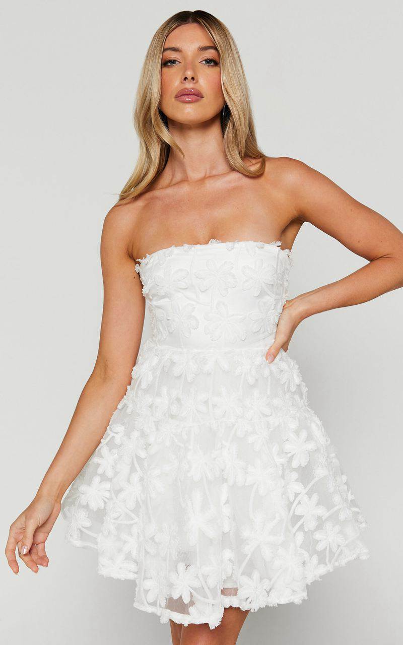 Showpo Rheiva Mini Dress - Strapless 3d Embroidery Dress White | NUGKIB503