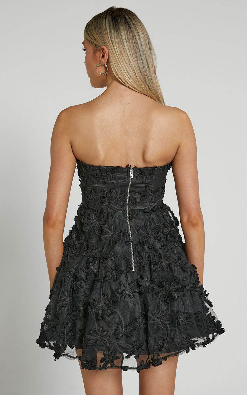 Showpo Rheiva Mini Dress - Strapless 3d Embroidery Dress Black | RSDIAG271