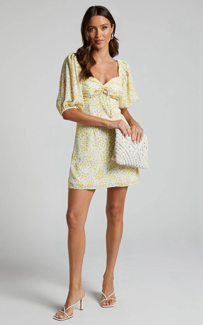 Showpo Rhenzy Mini Dress - Puff Sleeve Dress Sunshine Ditzy | WLQSUG654