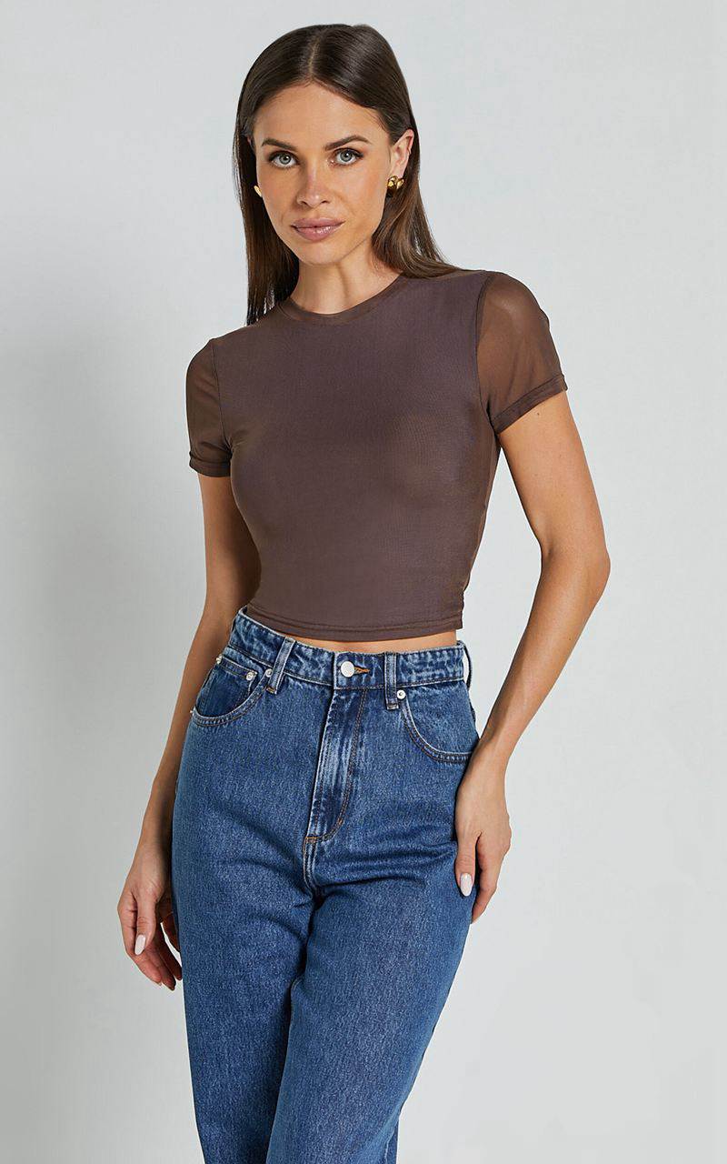 Showpo Rhianna Top - Short Sleeve Mesh Crop Top Brown | PYSCGF290