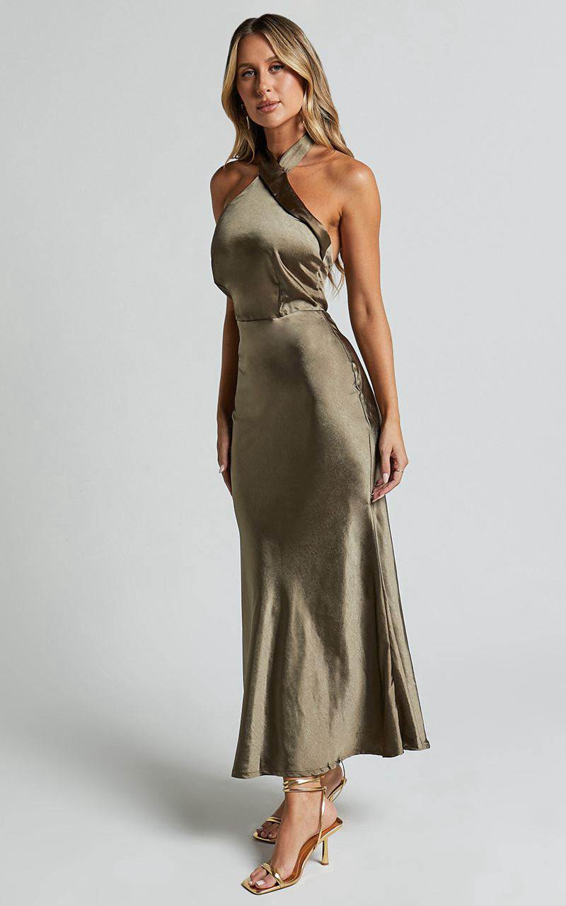 Showpo Rhianne Midi Dress - Twist Halter Neck Open Back Satin Dress Olive | DNWVUR370