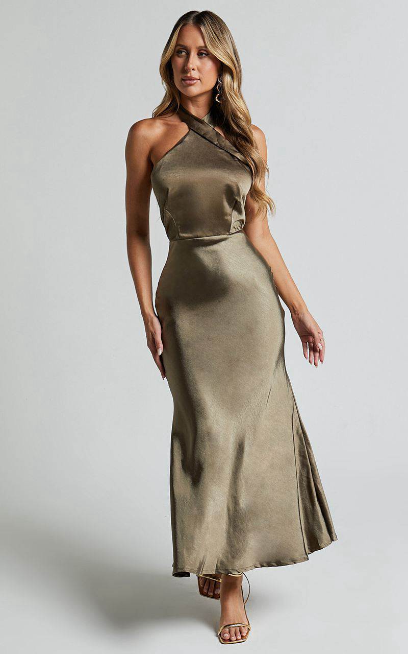 Showpo Rhianne Midi Dress - Twist Halter Neck Open Back Satin Dress Olive | DNWVUR370