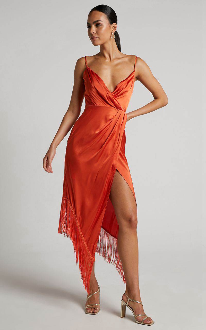 Showpo Rholie Midi Dress - Plunge Neck Fringe Hem Fixed Wrap Dress Burnt Orange | VGAUEQ067