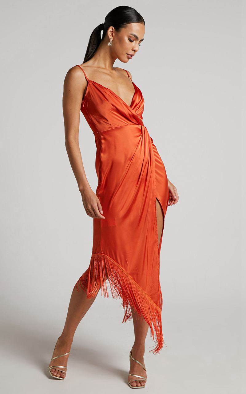 Showpo Rholie Midi Dress - Plunge Neck Fringe Hem Fixed Wrap Dress Burnt Orange | VGAUEQ067