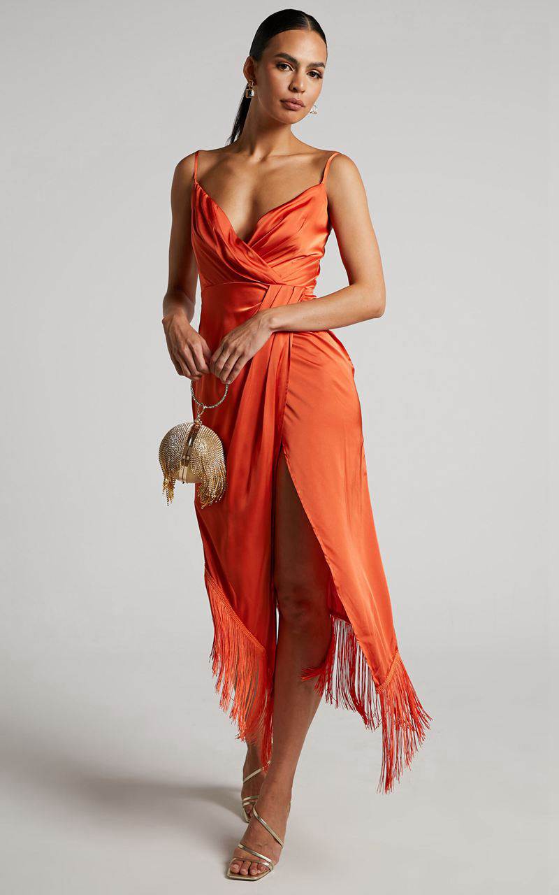 Showpo Rholie Midi Dress - Plunge Neck Fringe Hem Fixed Wrap Dress Burnt Orange | VGAUEQ067