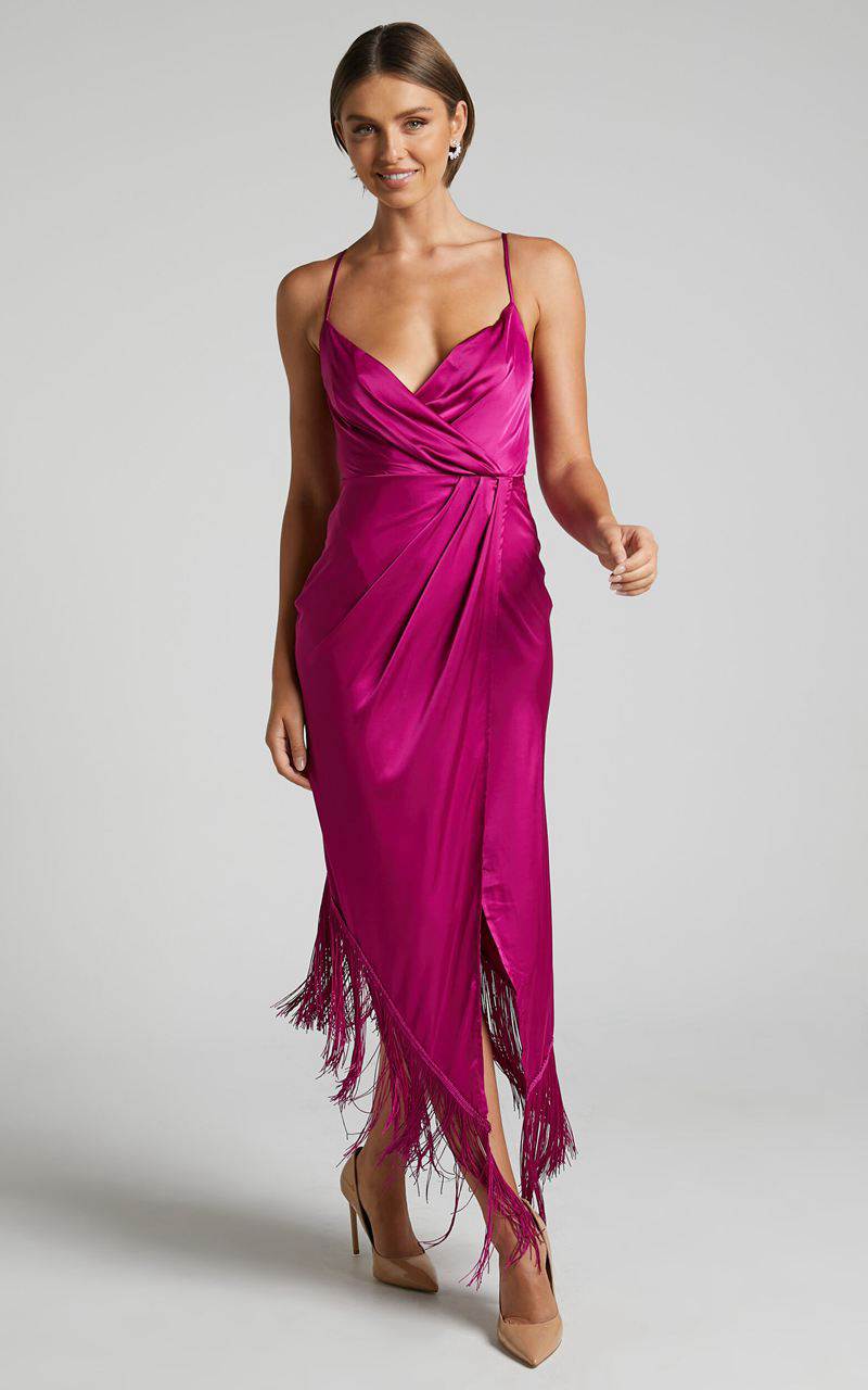 Showpo Rholie Midi Dress - Plunge Neck Fringe Hem Fixed Wrap Dress Pink | ZORQDK758