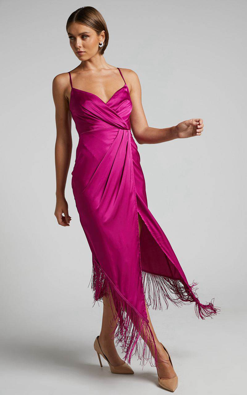 Showpo Rholie Midi Dress - Plunge Neck Fringe Hem Fixed Wrap Dress Pink | ZORQDK758