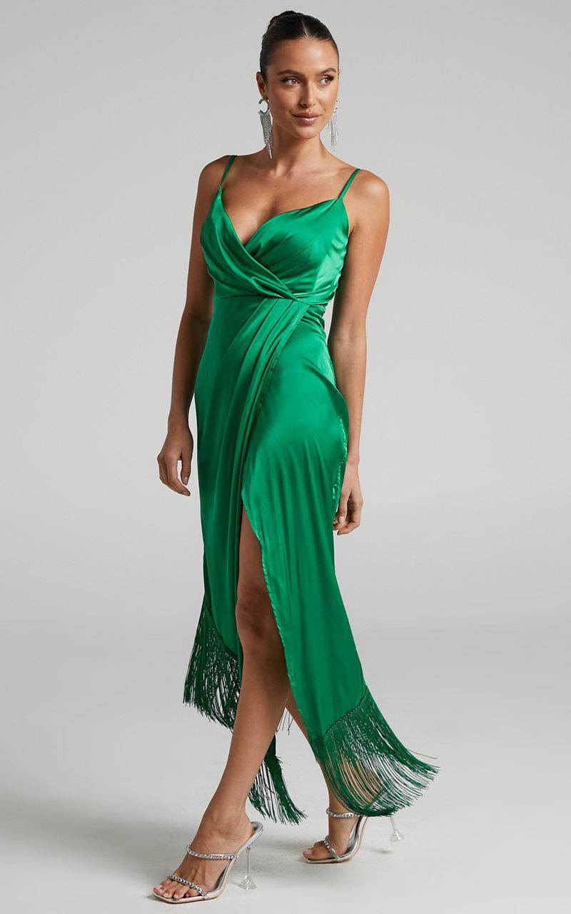 Showpo Rholie Midi Dress - Plunge Neck Fringe Hem Fixed Wrap Dress Emerald | EPZSFO285