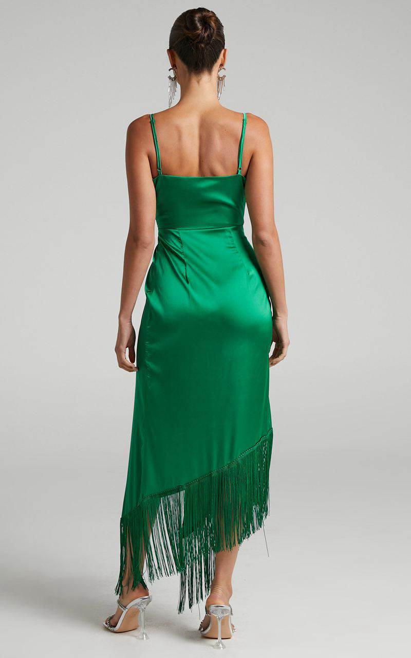 Showpo Rholie Midi Dress - Plunge Neck Fringe Hem Fixed Wrap Dress Emerald | EPZSFO285